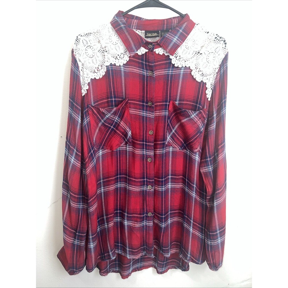 Sara Studio Long Sleeve Red Flannel Lace Button Up Shirt Women’s Large Crocheted